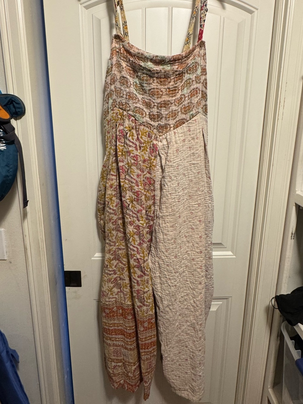 Wide Leg Boho Patchwork Jumpsuit in Cream and Tan